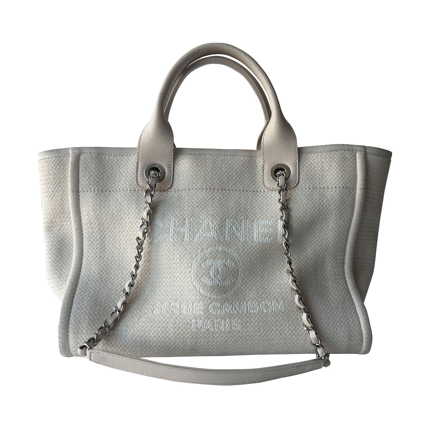 *HOT* Chanel Large Cream Canvas Deauville Tote Bag with Silver Hardware
