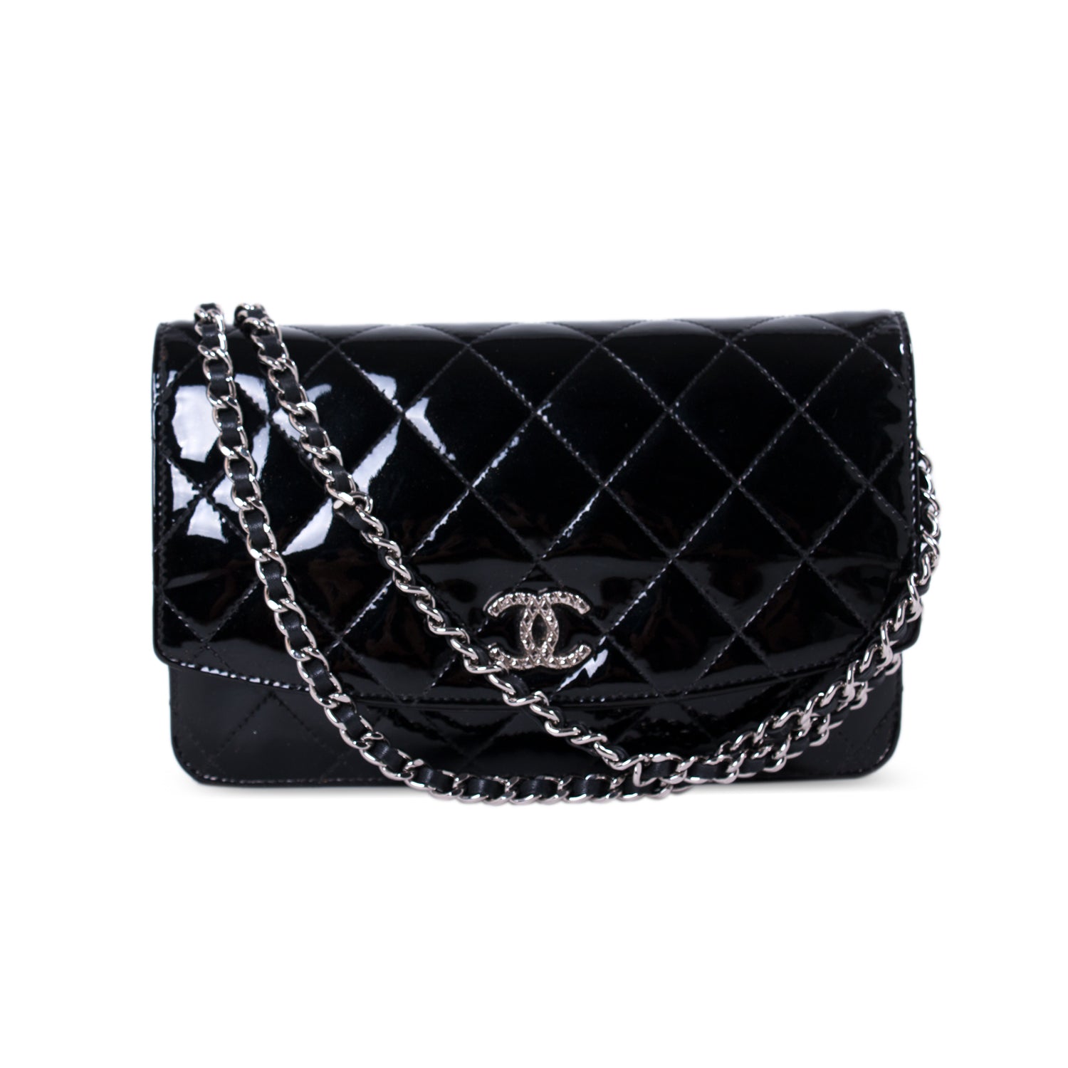 CHANEL, BLACK PATENT QUILTED LEATHER BOY REVERSO WALLET ON CHAIN WITH  BRUSHED PALLADIUM HARDWARE, Luxury Handbags, 2020