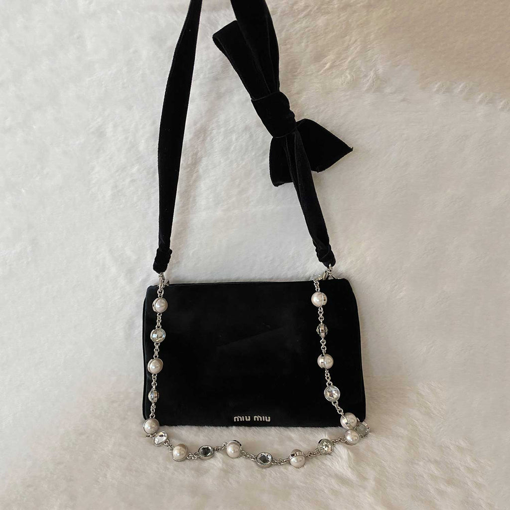 Miu Miu Crystal Pearls Velvet Shoulder Bag